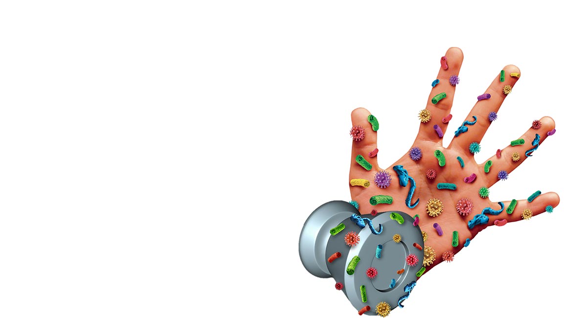 Germs on a high-touch surface, protected by the BioProtect antimicrobial coating